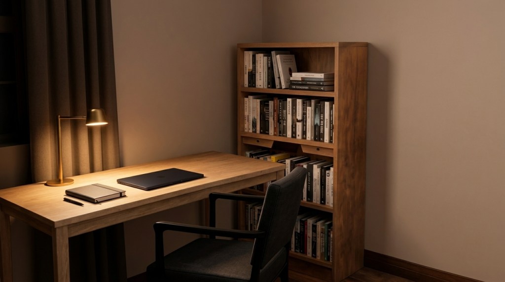 Minimalist warm wooden study desk and matching tall bookshelf in a cozy, modern home office setting.